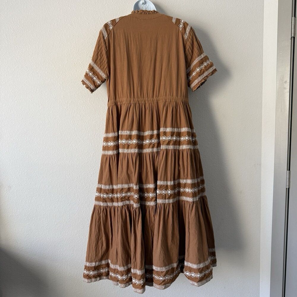 Ivy City Co. Cotton Santorini Dress L Brown Tiered Lace Trim Pintuck Midi Boho - Picture 3 of 10